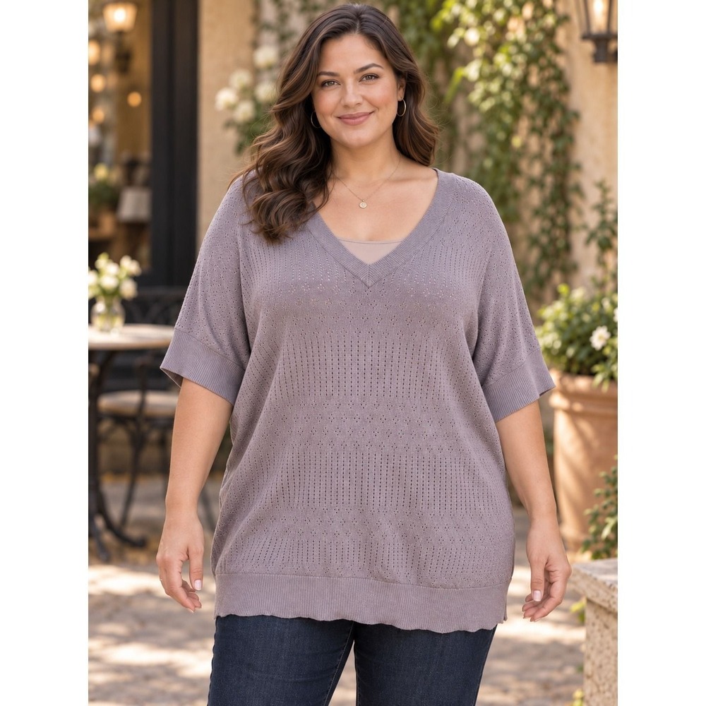 25. Torrid Boho Tan Pointelle Knit V-Neck Short Sleeve Sweater Top Plus Size 4X